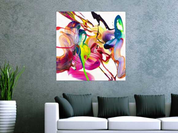 Gemälde Original abstrakt 80x80cm Action Painting Modern Art handgefertigt Mischtechnik bunt weiß pink hochwertig