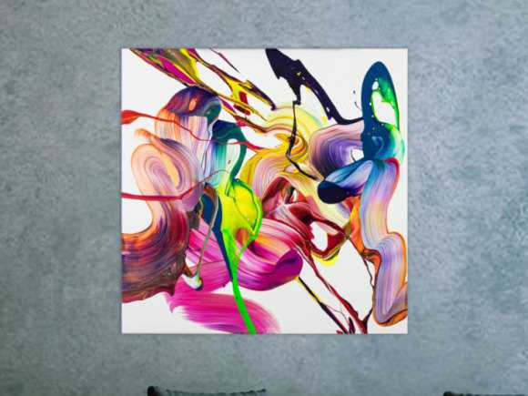 Gemälde Original abstrakt 80x80cm Action Painting Modern Art handgefertigt Mischtechnik bunt weiß pink hochwertig