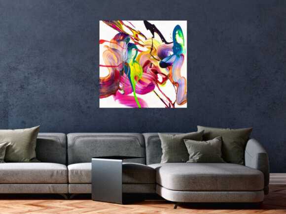 Original Gemälde abstrakt 80x80cm Action Painting Modern Art auf Leinwand Mischtechnik bunt weiß pink hochwertig