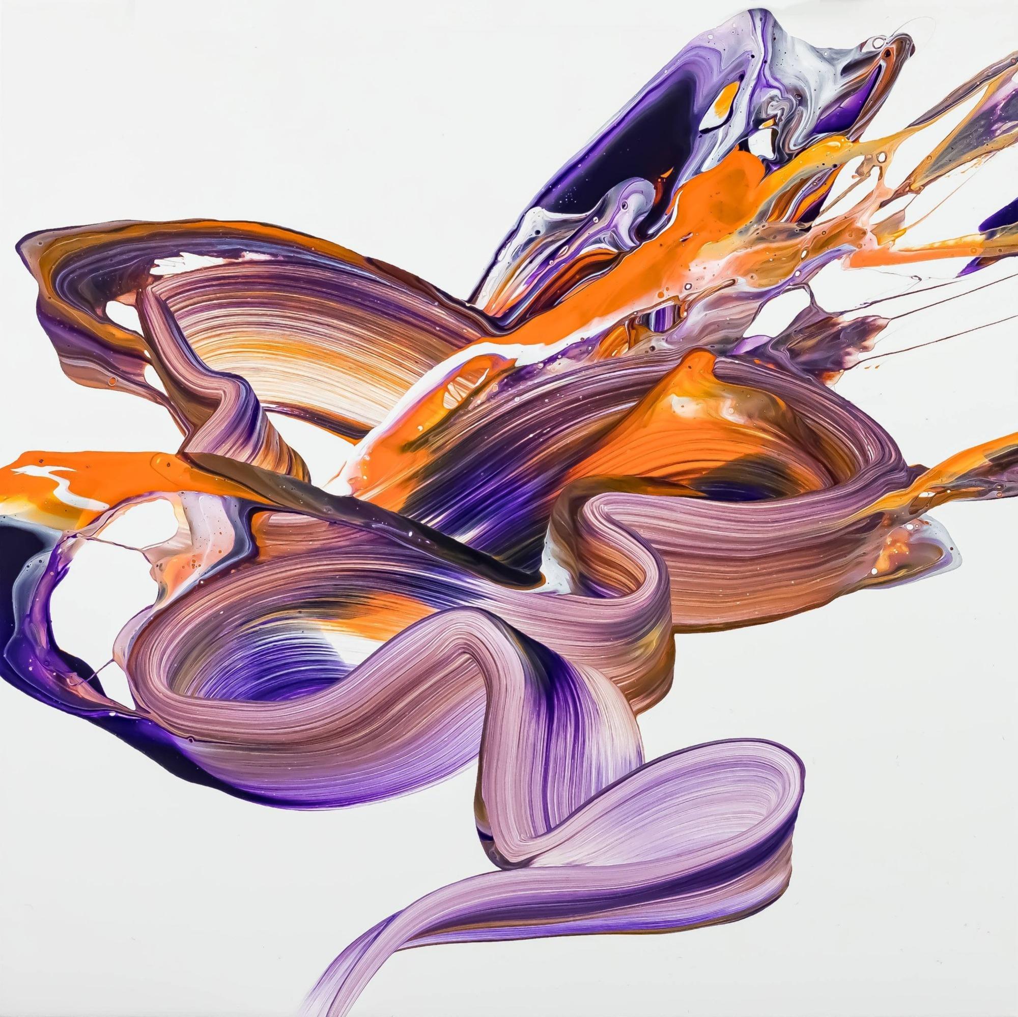 Gemälde Original abstrakt 70x70cm Action Painting Moderne Kunst handgefertigt Fluid Painting weiß violett orange einzigartig