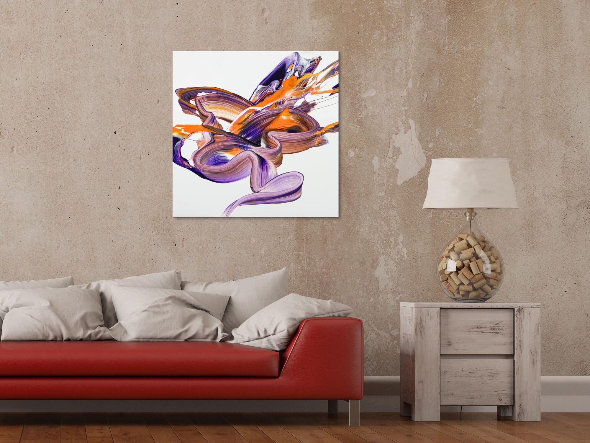 Gemälde Original abstrakt 70x70cm Action Painting Moderne Kunst handgefertigt Fluid Painting weiß violett orange einzigartig