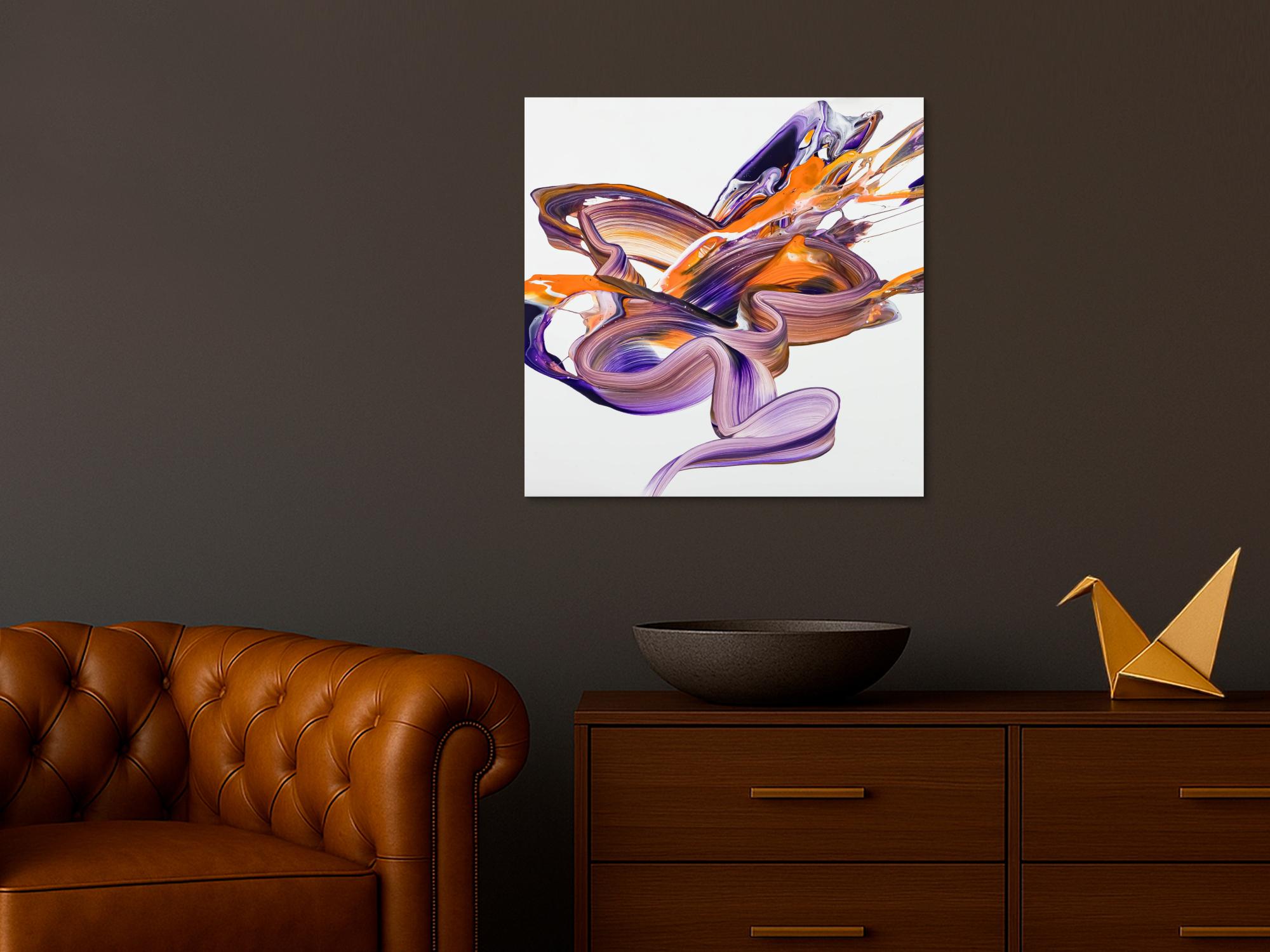 Gemälde Original abstrakt 70x70cm Action Painting Moderne Kunst handgefertigt Fluid Painting weiß violett orange einzigartig