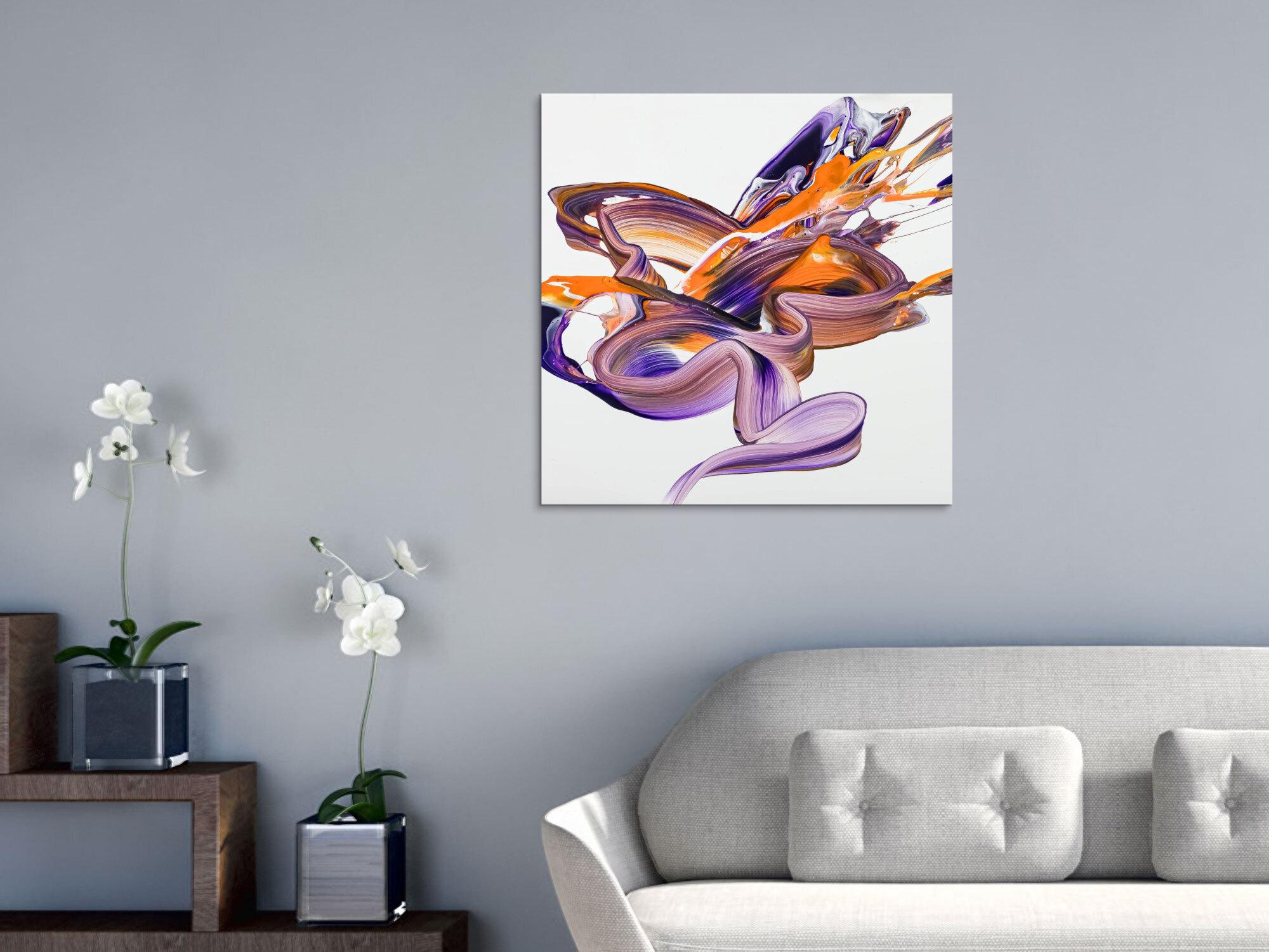 Gemälde Original abstrakt 70x70cm Action Painting Moderne Kunst handgefertigt Fluid Painting weiß violett orange einzigartig
