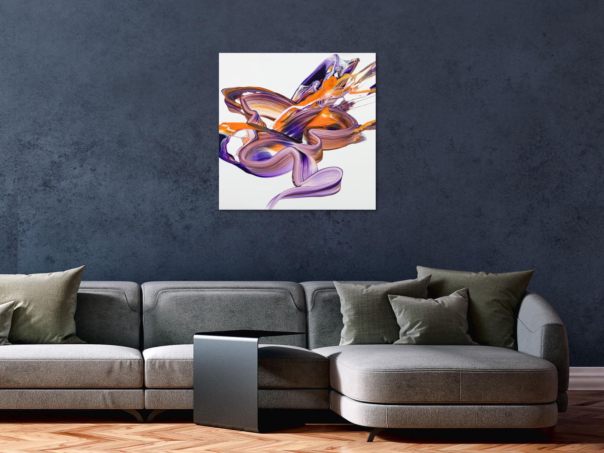 Gemälde Original abstrakt 70x70cm Action Painting Moderne Kunst handgefertigt Fluid Painting weiß violett orange einzigartig