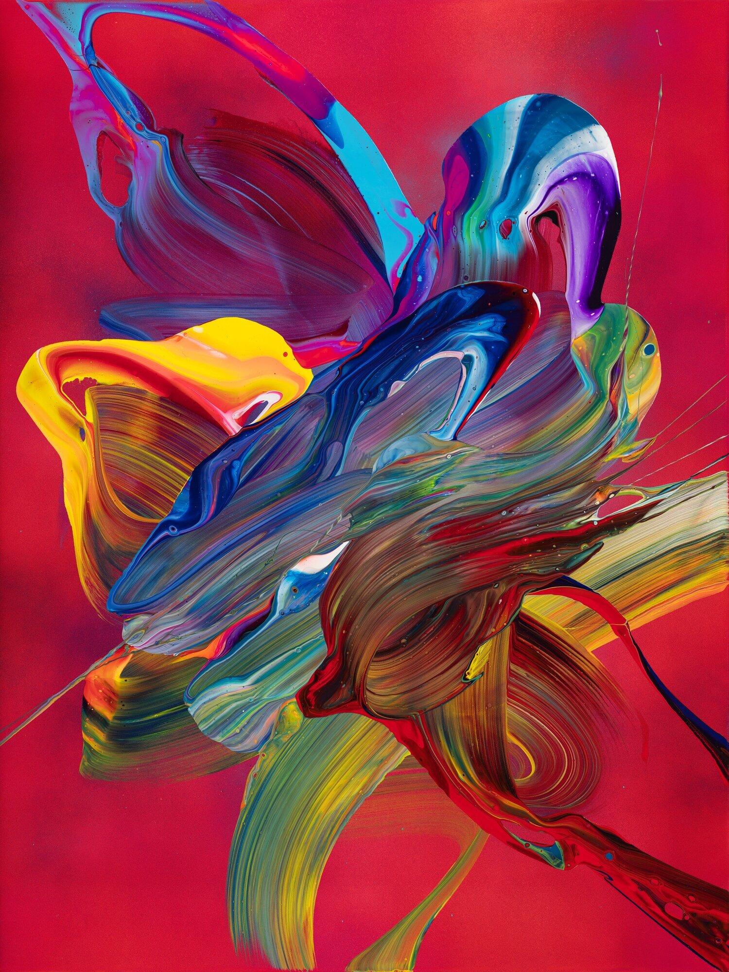 Abstraktes Original Gemälde 80x60cm Action Painting Moderne Kunst handgefertigt Fluid Painting rot pink orange Unikat