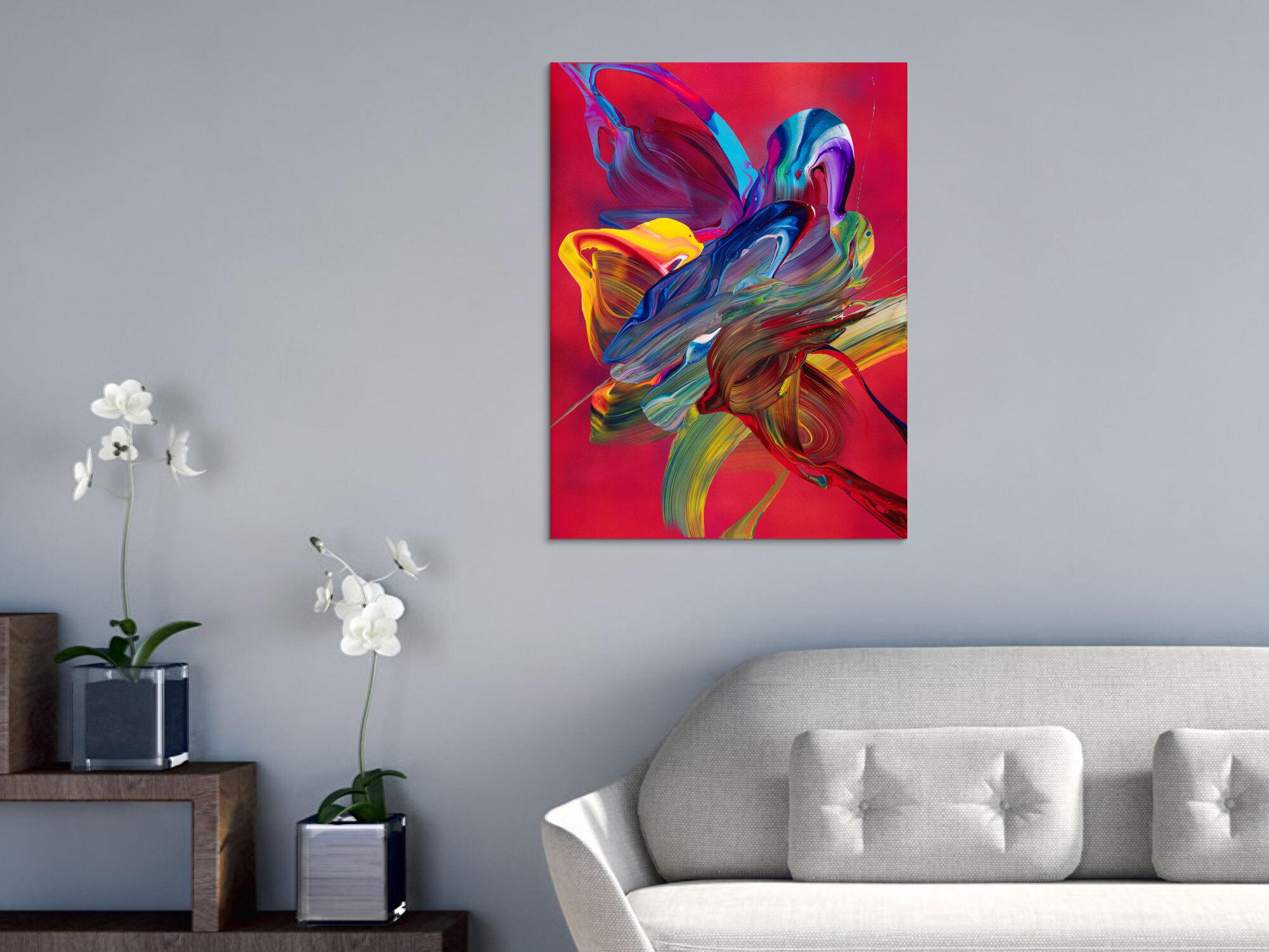 Abstraktes Original Gemälde 80x60cm Action Painting Moderne Kunst handgefertigt Fluid Painting rot pink orange Unikat