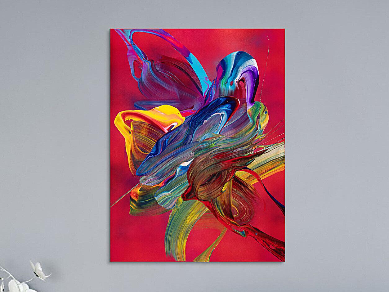 Abstraktes Original Gemälde 80x60cm Action Painting Moderne Kunst handgefertigt Fluid Painting rot pink orange Unikat