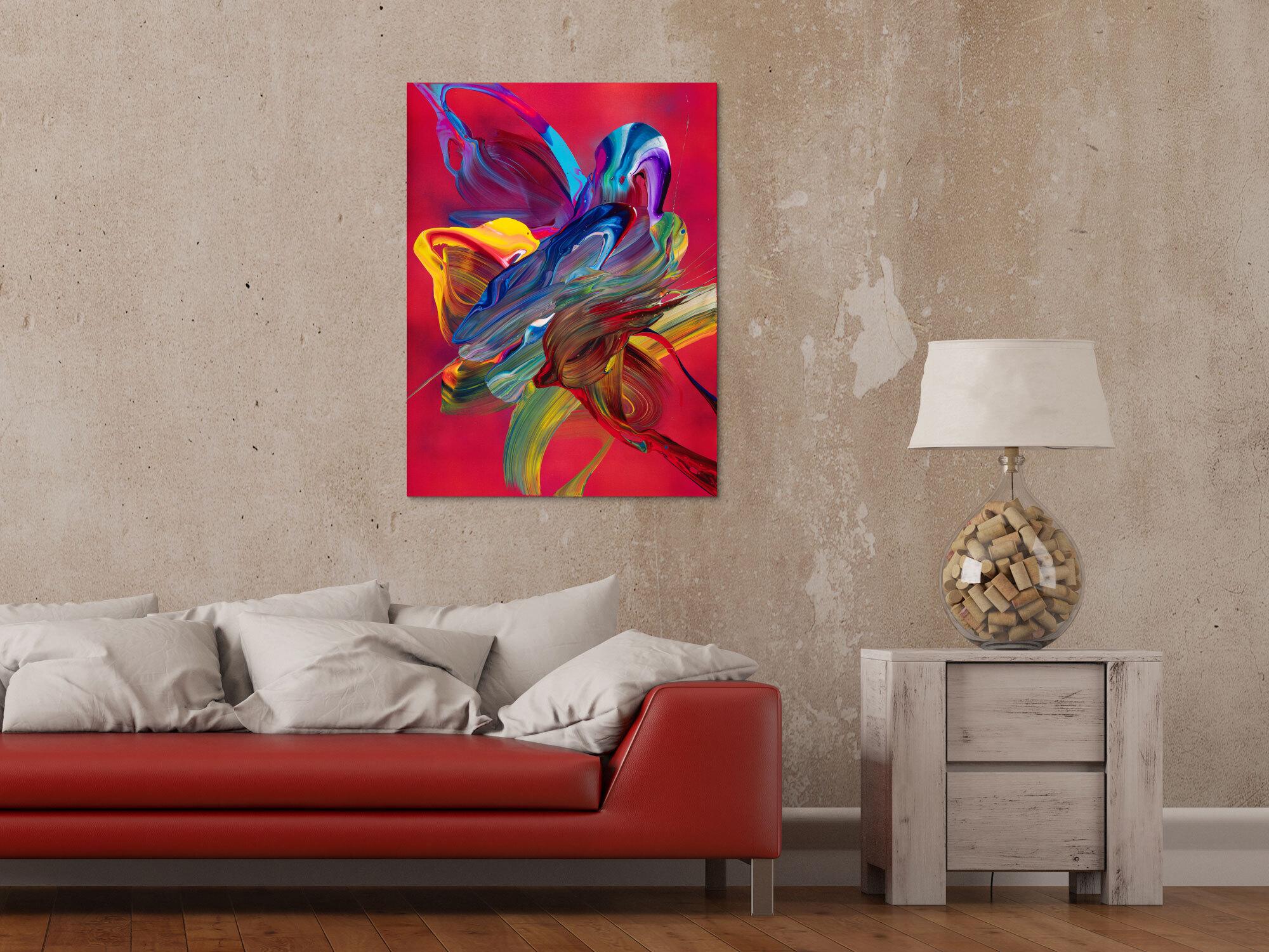 Abstraktes Original Gemälde 80x60cm Action Painting Moderne Kunst handgefertigt Fluid Painting rot pink orange Unikat