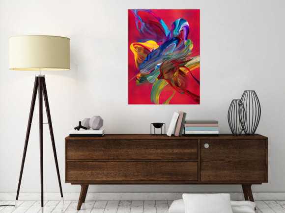 Abstraktes Original Gemälde 80x60cm Action Painting Moderne Kunst handgefertigt Fluid Painting rot pink orange Unikat