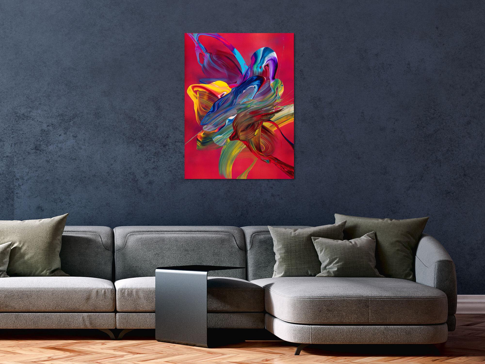 Abstraktes Original Gemälde 80x60cm Action Painting Moderne Kunst handgefertigt Fluid Painting rot pink orange Unikat