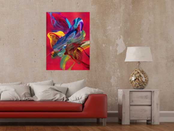 Abstraktes Original Gemälde 80x60cm Action Painting Moderne Kunst handgefertigt Fluid Painting rot pink orange Unikat