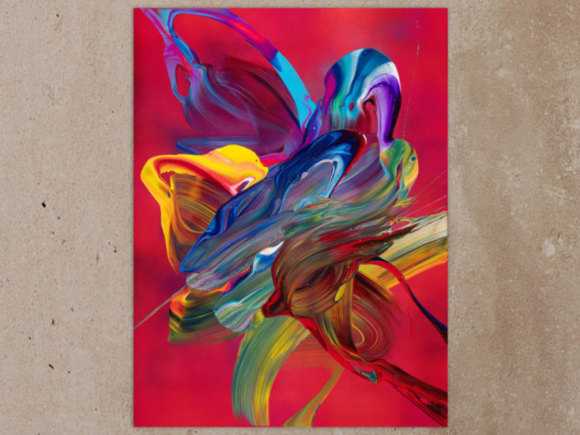 Abstraktes Original Gemälde 80x60cm Action Painting Moderne Kunst handgefertigt Fluid Painting rot pink orange Einzelstück