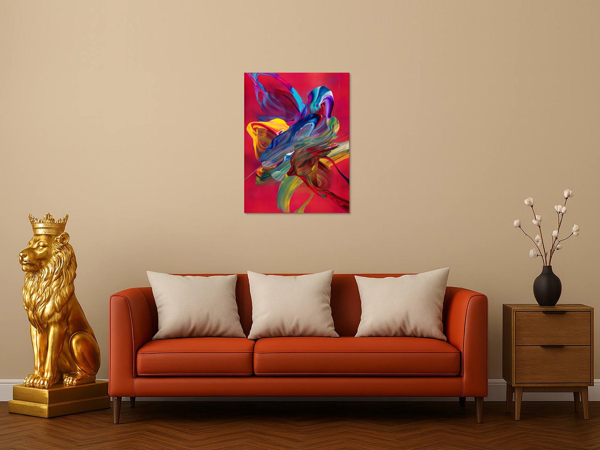 Abstraktes Original Gemälde 80x60cm Action Painting Moderne Kunst handgefertigt Fluid Painting rot pink orange Unikat