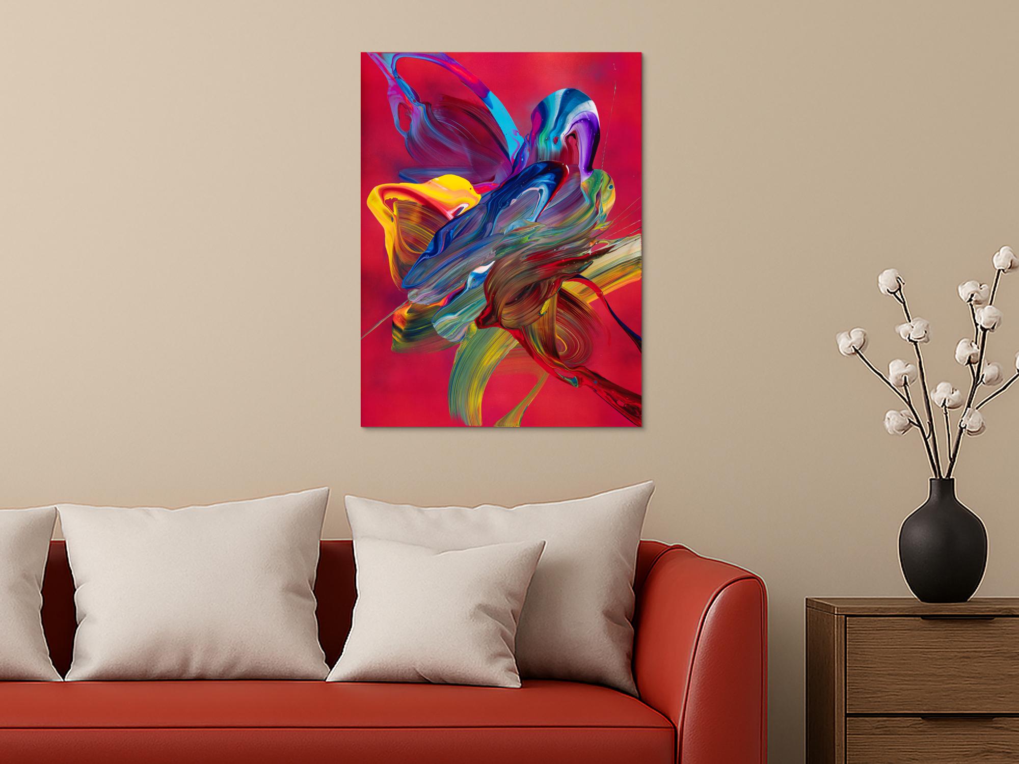 Abstraktes Original Gemälde 80x60cm Action Painting Moderne Kunst handgefertigt Fluid Painting rot pink orange Unikat