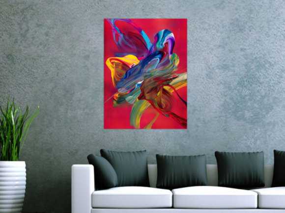 Abstraktes Original Gemälde 80x60cm Action Painting Moderne Kunst handgefertigt Fluid Painting rot pink orange Unikat