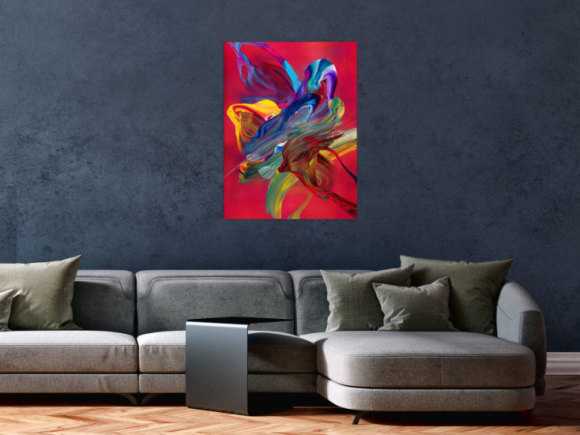 Abstraktes Original Gemälde 80x60cm Action Painting Moderne Kunst handgefertigt Fluid Painting rot pink orange Unikat