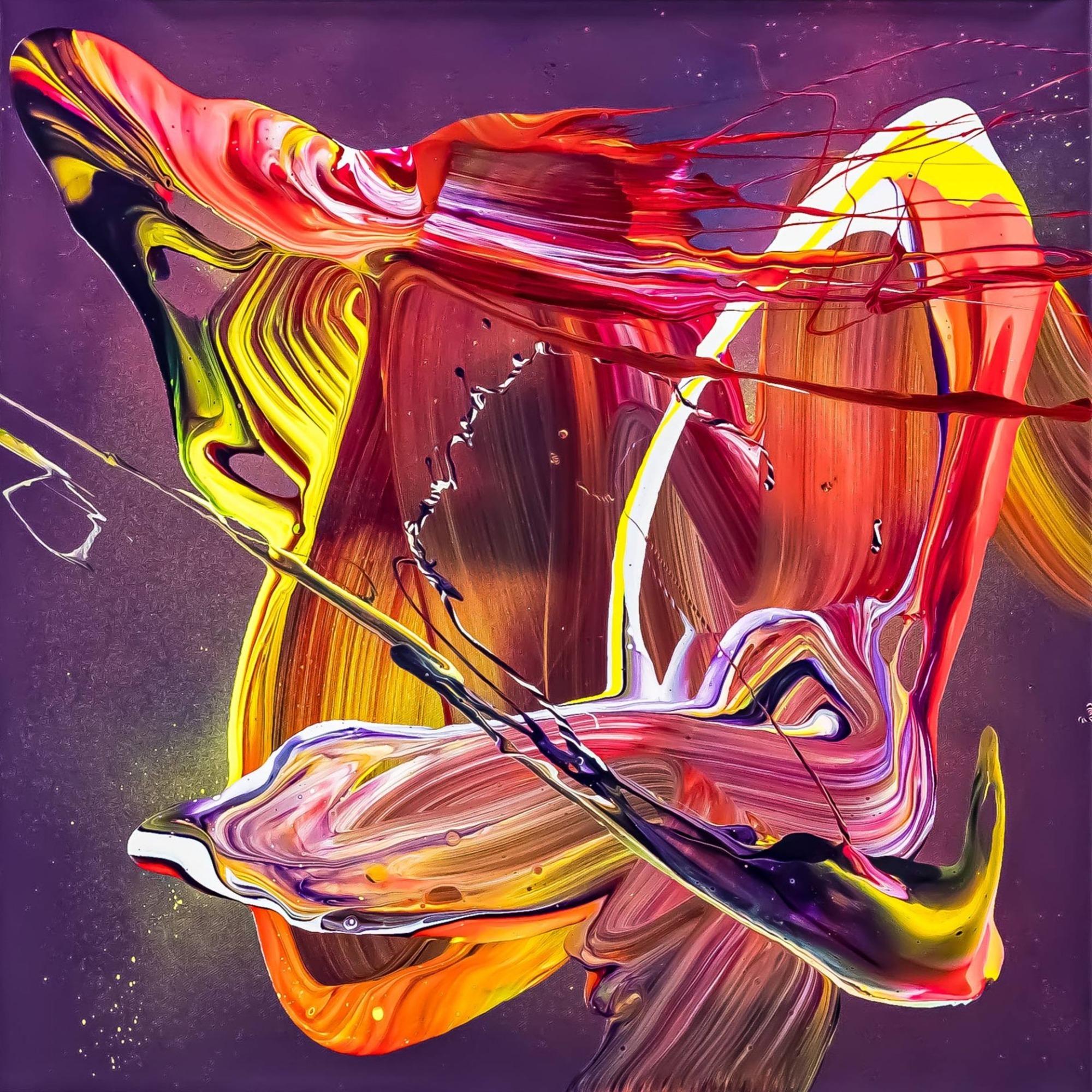 Original Gemälde abstrakt 50x50cm Action Painting Moderne Kunst auf Leinwand Mischtechnik violett rot orange Unikat