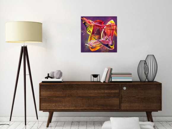 Original Gemälde abstrakt 50x50cm Action Painting Moderne Kunst auf Leinwand Mischtechnik violett rot orange Unikat