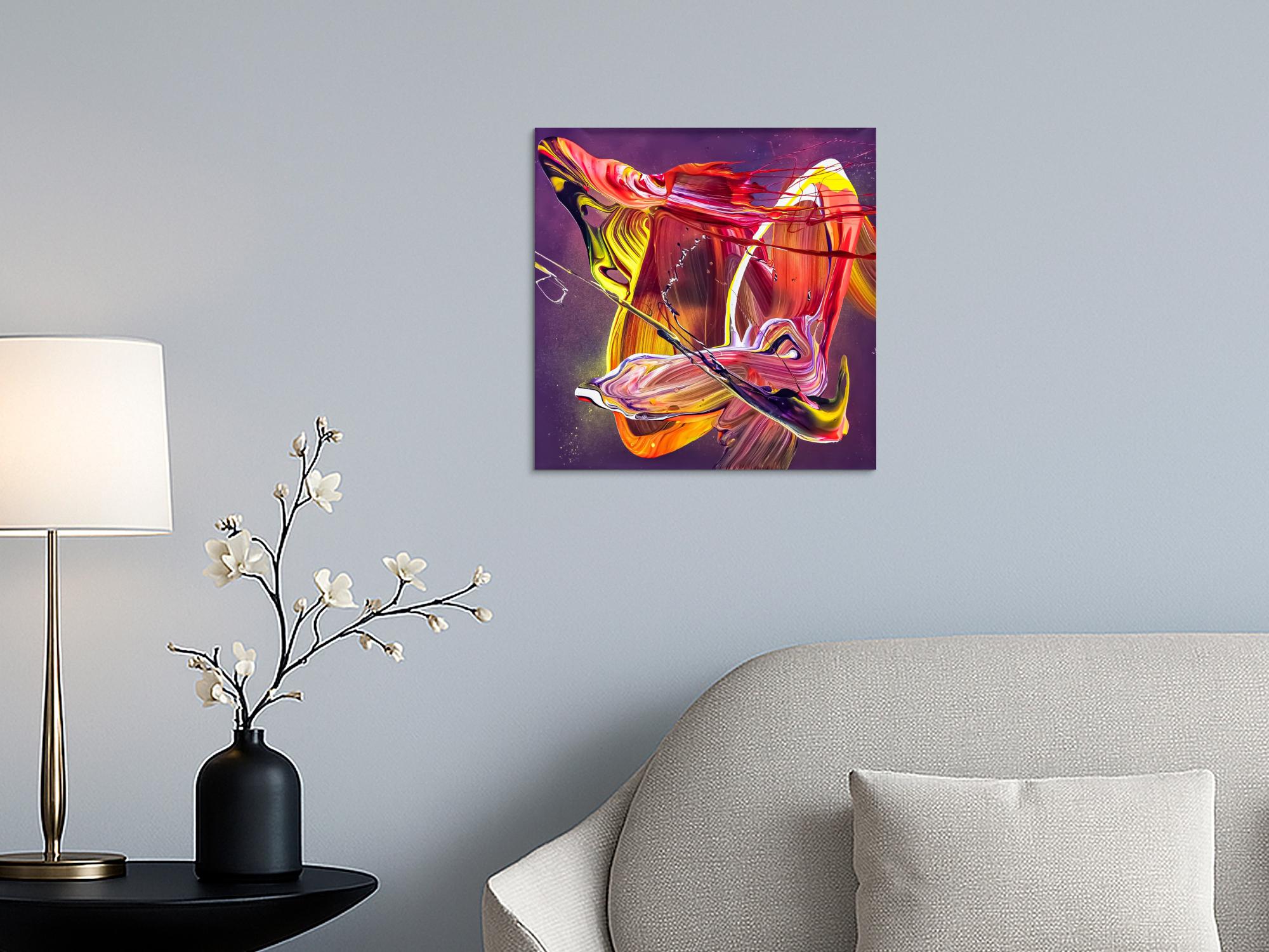 Original Gemälde abstrakt 50x50cm Action Painting Moderne Kunst auf Leinwand Mischtechnik violett rot orange Unikat