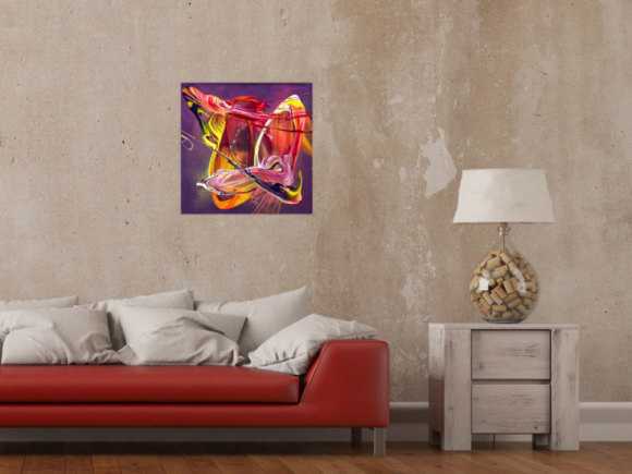 Original Gemälde abstrakt 50x50cm Action Painting Moderne Kunst auf Leinwand Mischtechnik violett rot orange Unikat