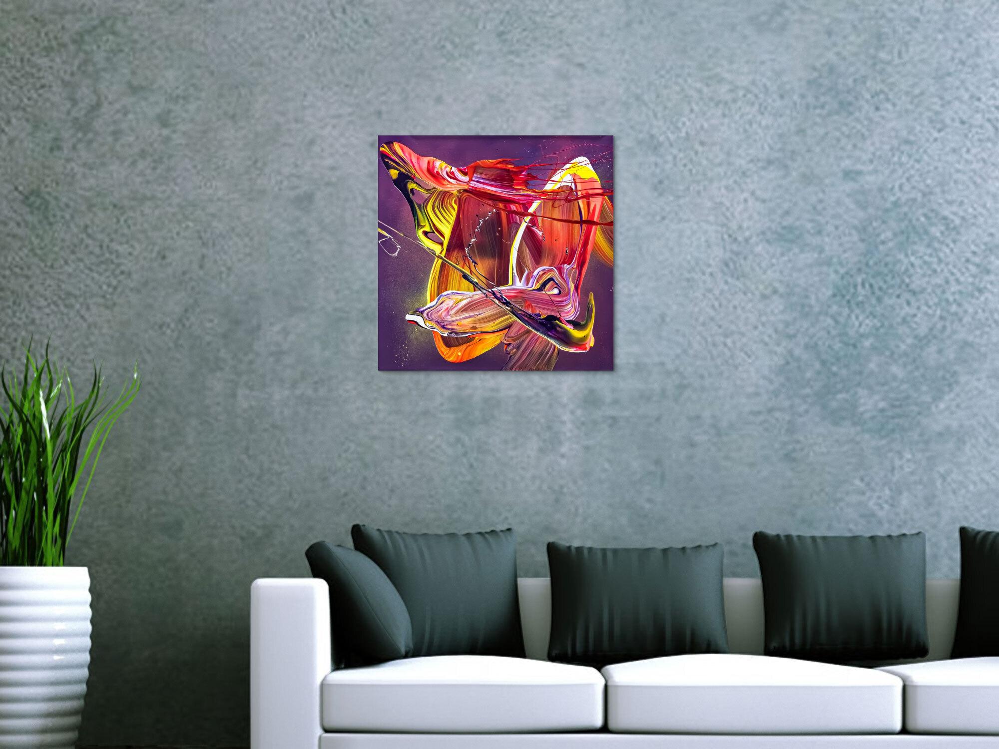 Original Gemälde abstrakt 50x50cm Action Painting Moderne Kunst auf Leinwand Mischtechnik violett rot orange Unikat