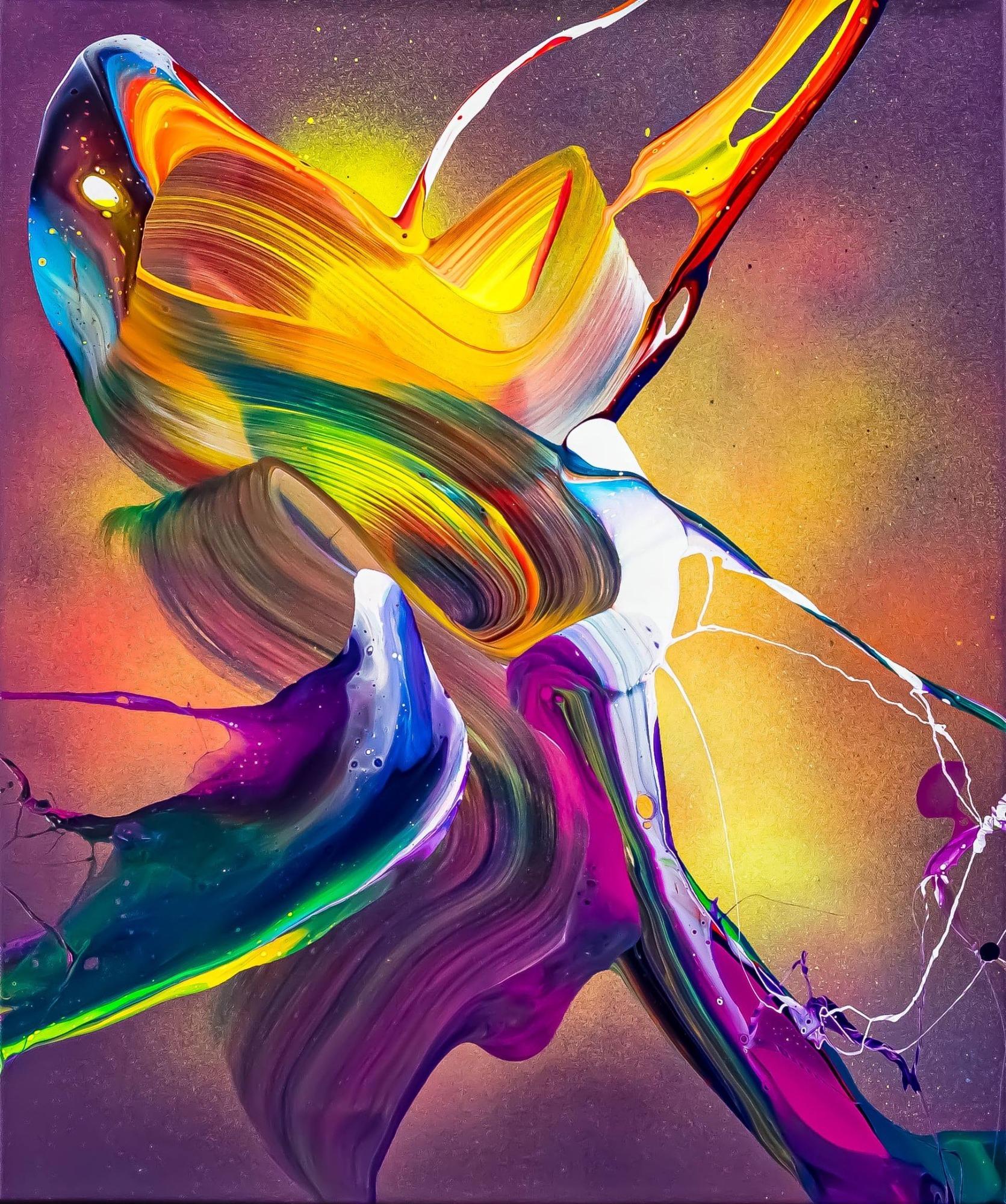 Original Gemälde abstrakt 60x50cm Action Painting expressionistisch auf Leinwand Mischtechnik bunt violett orange hochwertig