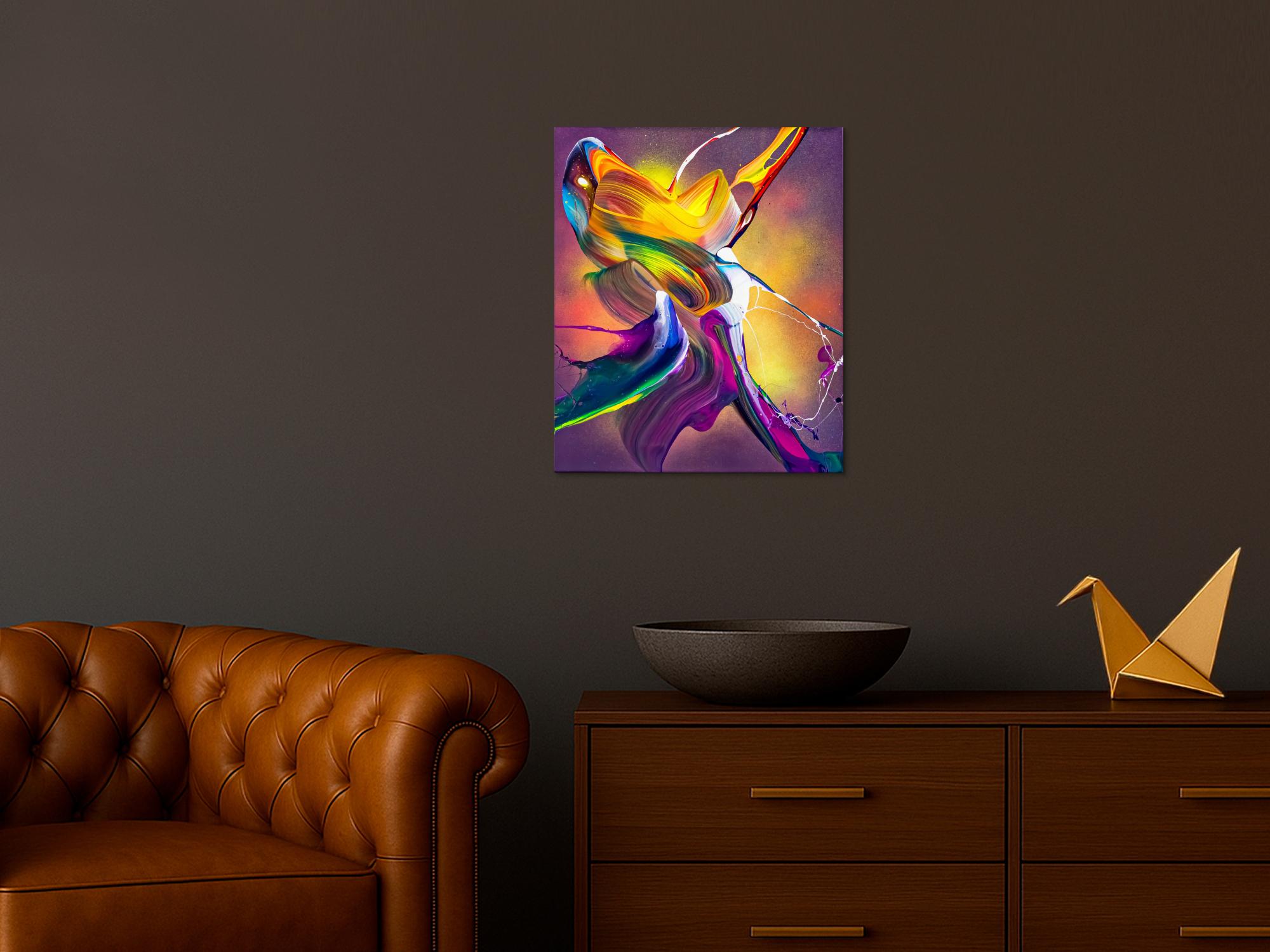 Original Gemälde abstrakt 60x50cm Action Painting expressionistisch auf Leinwand Mischtechnik bunt violett orange hochwertig