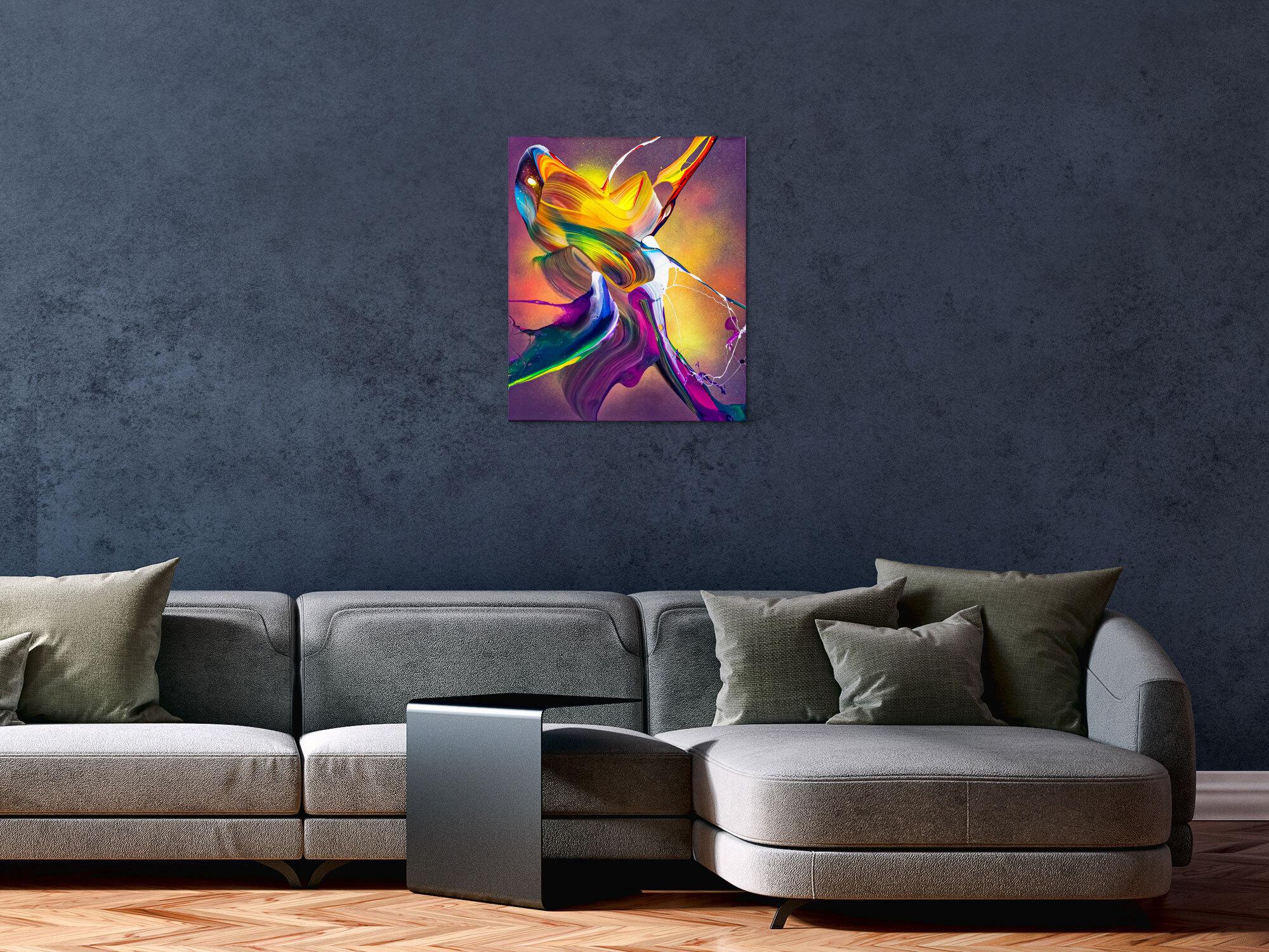 Original Gemälde abstrakt 60x50cm Action Painting expressionistisch auf Leinwand Mischtechnik bunt violett orange hochwertig