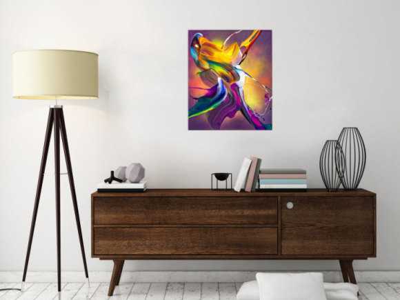 Original Gemälde abstrakt 60x50cm Action Painting expressionistisch auf Leinwand Mischtechnik bunt violett orange hochwertig