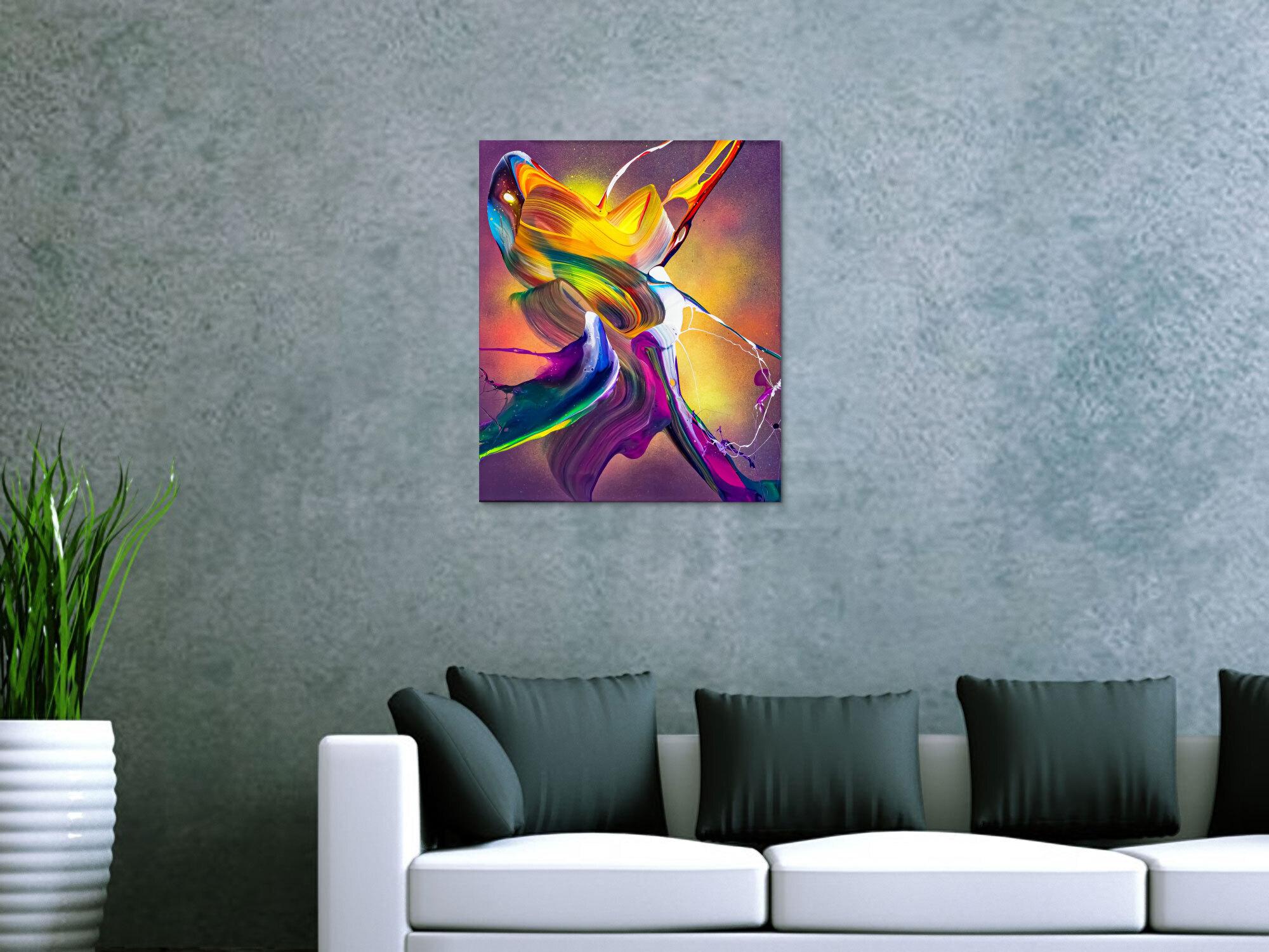 Original Gemälde abstrakt 60x50cm Action Painting expressionistisch auf Leinwand Mischtechnik bunt violett orange hochwertig