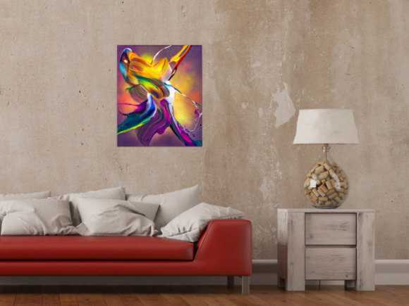 Original Gemälde abstrakt 60x50cm Action Painting expressionistisch auf Leinwand Mischtechnik bunt violett orange hochwertig