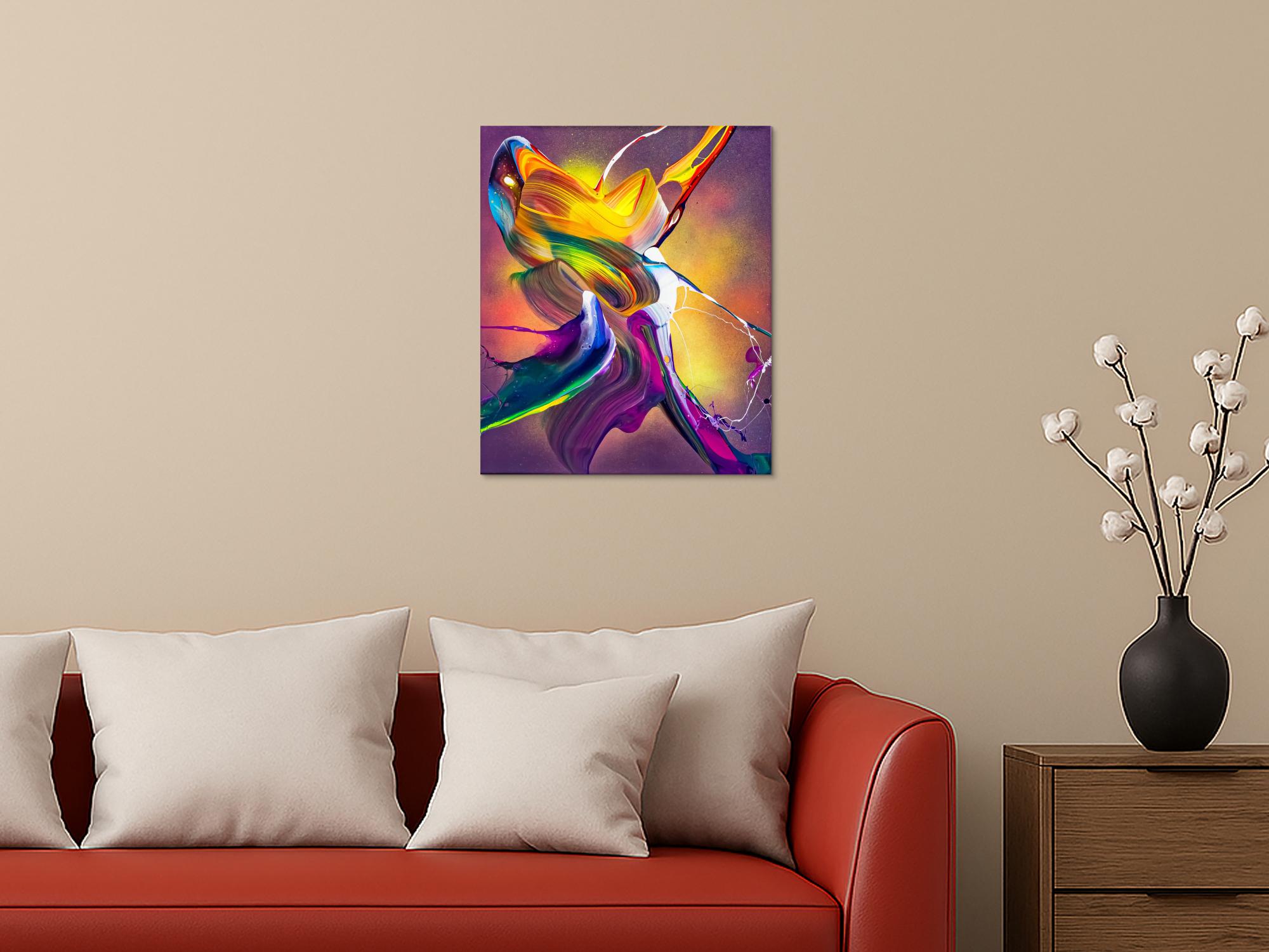 Original Gemälde abstrakt 60x50cm Action Painting expressionistisch auf Leinwand Mischtechnik bunt violett orange hochwertig