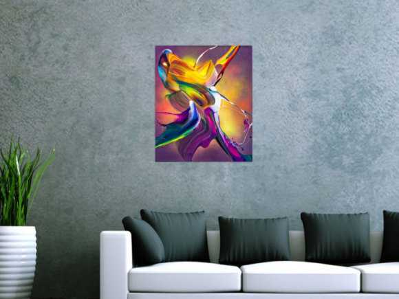 Original Gemälde abstrakt 60x50cm Action Painting expressionistisch auf Leinwand Mischtechnik bunt violett orange hochwertig