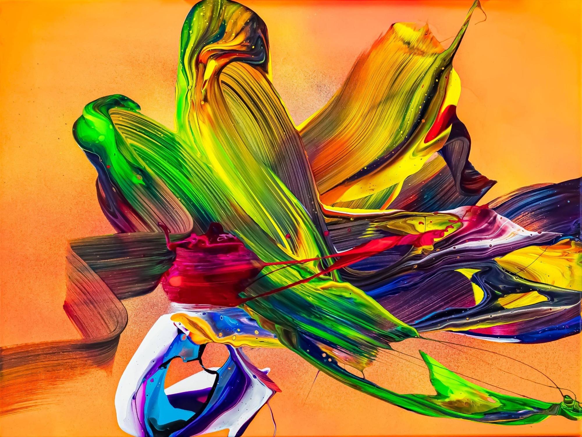 Abstraktes Original Gemälde 60x80cm Action Painting Modern Art handgemalt Mischtechnik bunt orange gelb hochwertig