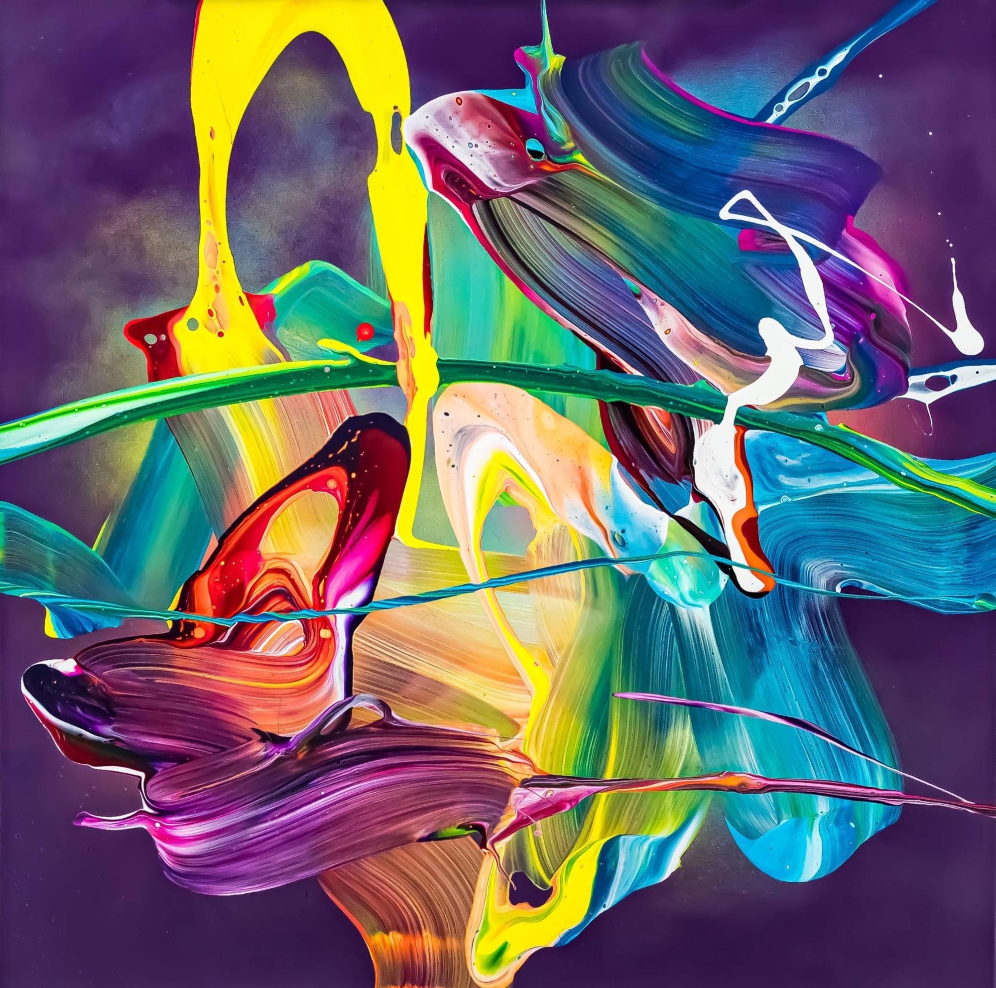 Original Gemälde abstrakt 70x70cm Action Painting zeitgenössisch handgemalt Mischtechnik violett blau gelb hochwertig