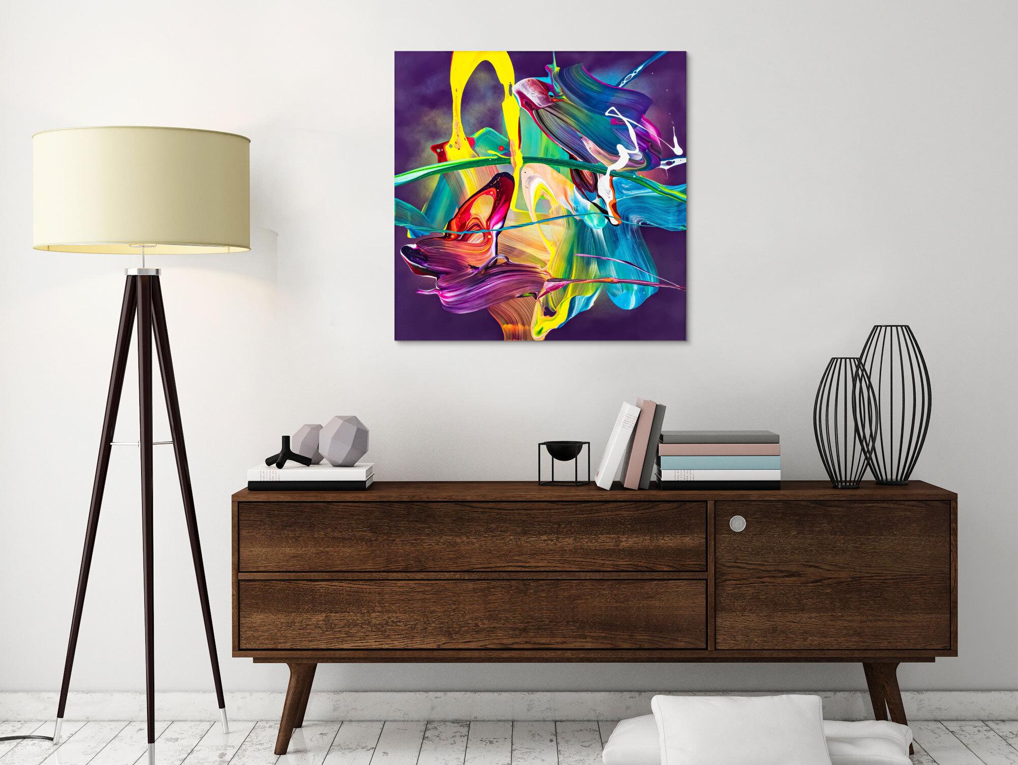 Original Gemälde abstrakt 70x70cm Action Painting zeitgenössisch handgemalt Mischtechnik violett blau gelb hochwertig