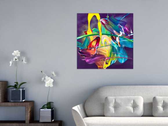 Original Gemälde abstrakt 70x70cm Action Painting zeitgenössisch handgemalt Mischtechnik violett blau gelb hochwertig