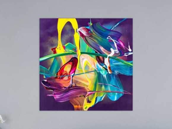 Original Gemälde abstrakt 70x70cm Action Painting zeitgenössisch handgemalt Mischtechnik violett blau gelb hochwertig