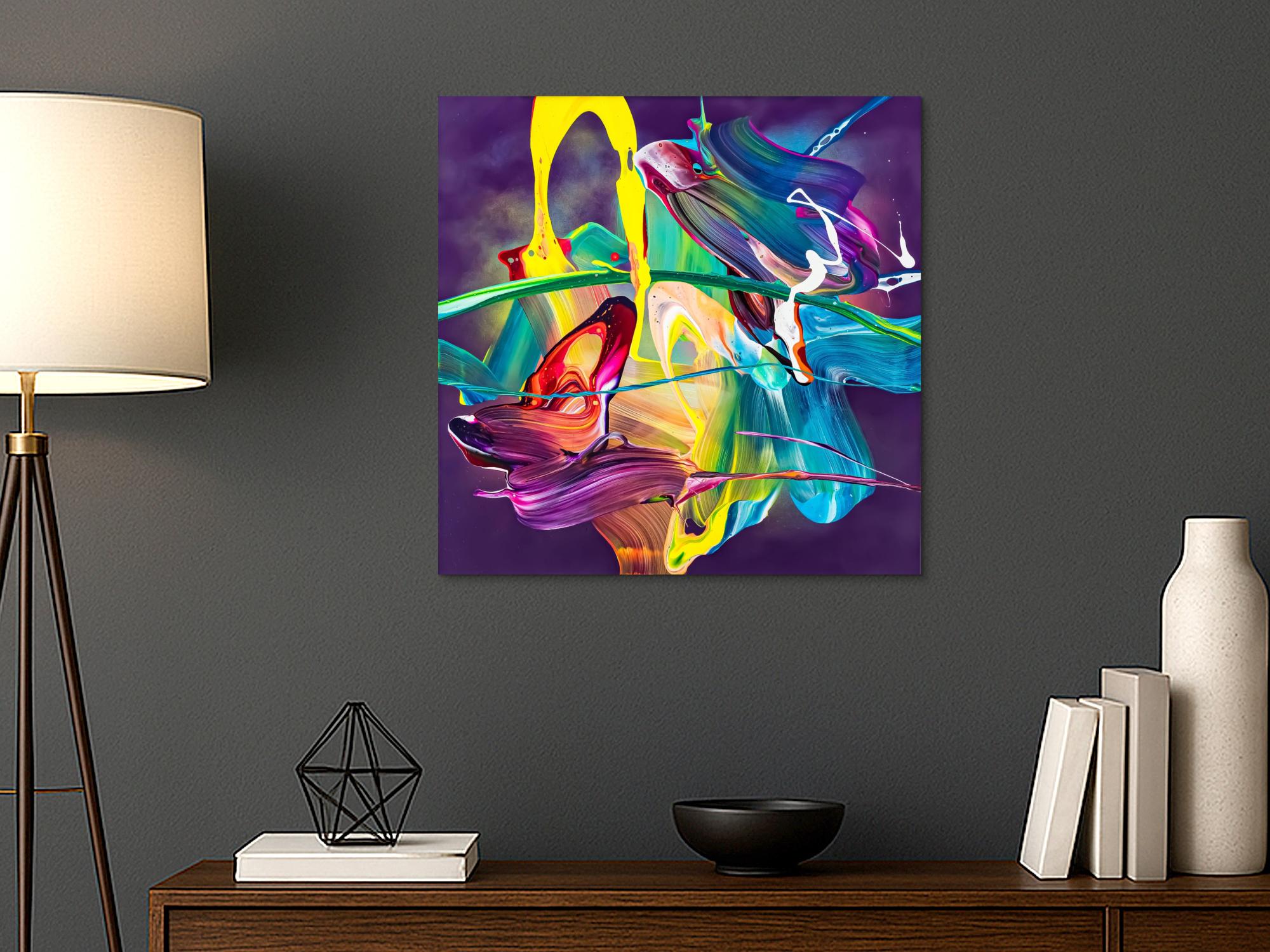 Original Gemälde abstrakt 70x70cm Action Painting zeitgenössisch handgemalt Mischtechnik violett blau gelb hochwertig