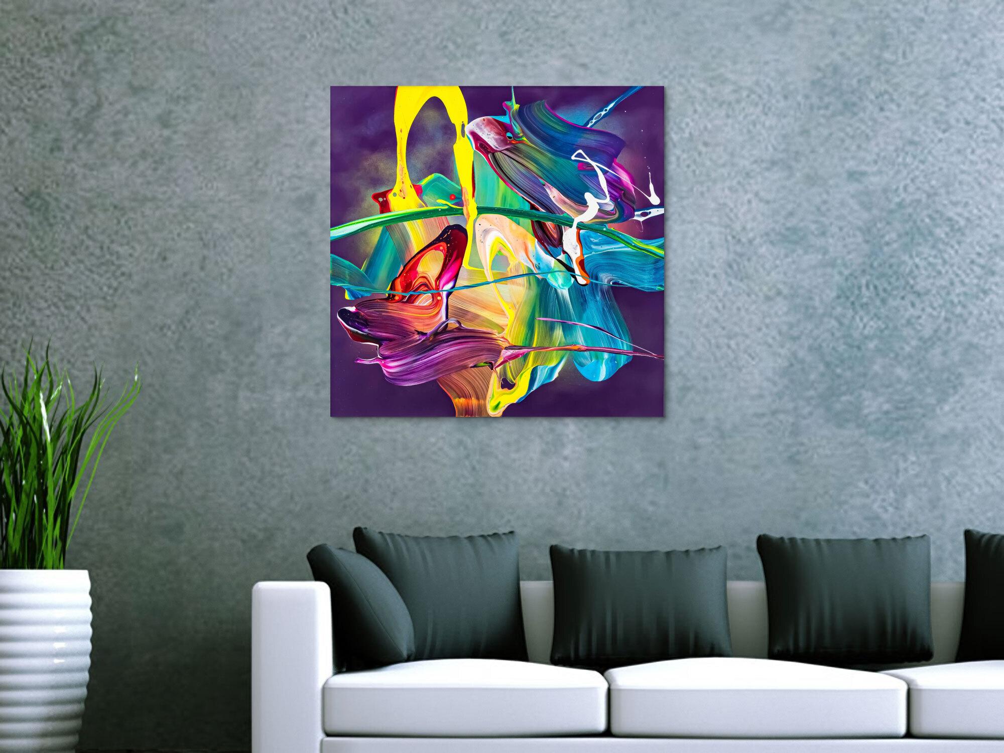 Original Gemälde abstrakt 70x70cm Action Painting zeitgenössisch handgemalt Mischtechnik violett blau gelb hochwertig