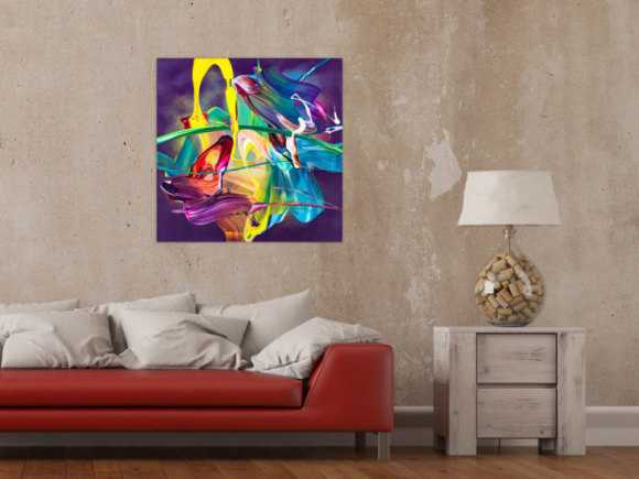 Original Gemälde abstrakt 70x70cm Action Painting zeitgenössisch handgemalt Mischtechnik violett blau gelb hochwertig