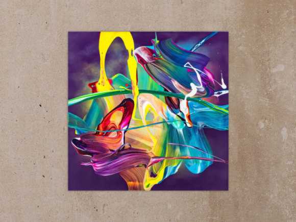 Original Gemälde abstrakt 70x70cm Action Painting zeitgenössisch handgemalt Mischtechnik violett blau gelb hochwertig