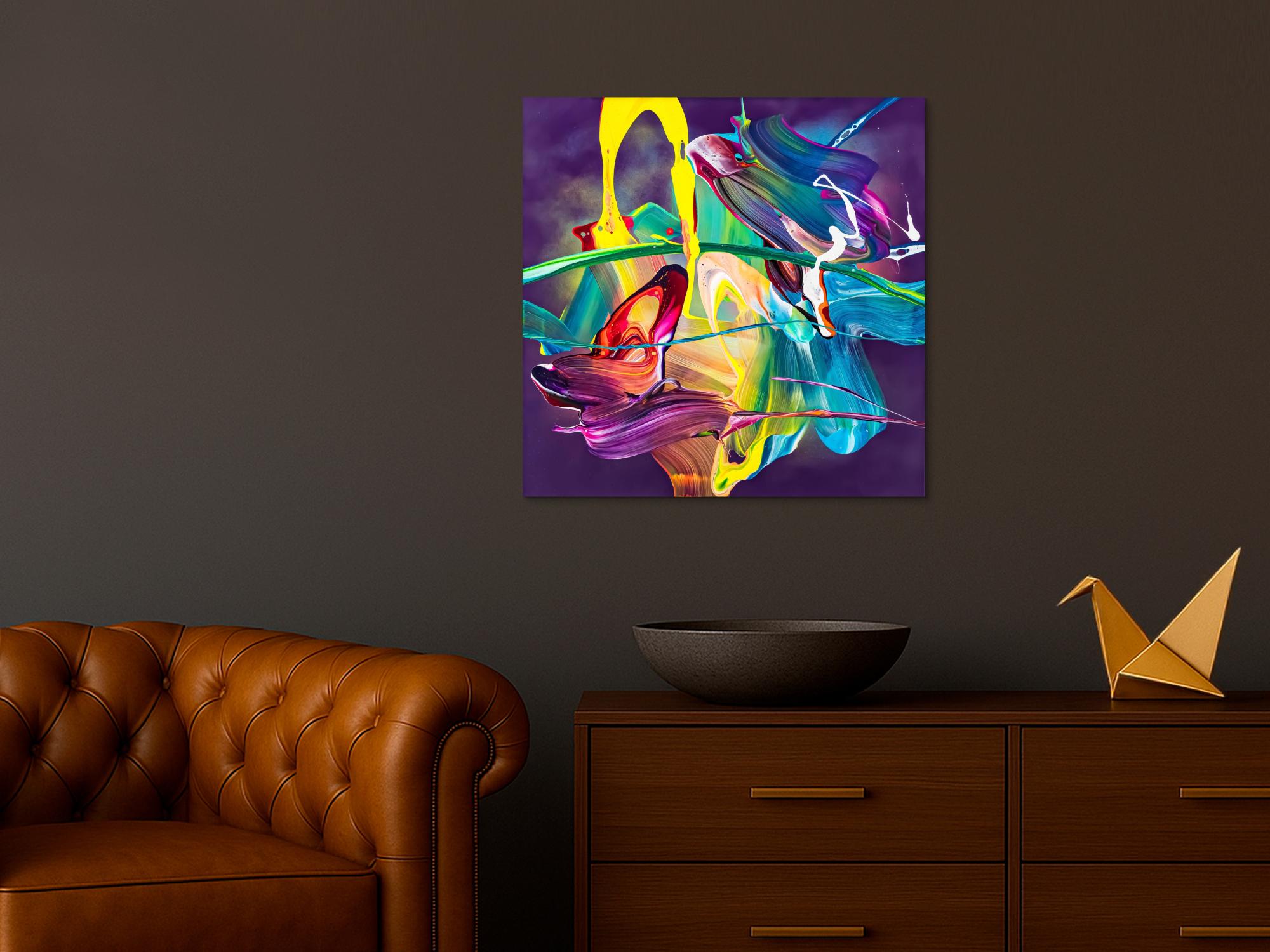 Original Gemälde abstrakt 70x70cm Action Painting zeitgenössisch handgemalt Mischtechnik violett blau gelb hochwertig