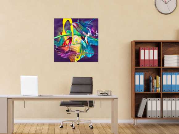 Original Gemälde abstrakt 70x70cm Action Painting zeitgenössisch handgemalt Mischtechnik violett blau gelb hochwertig