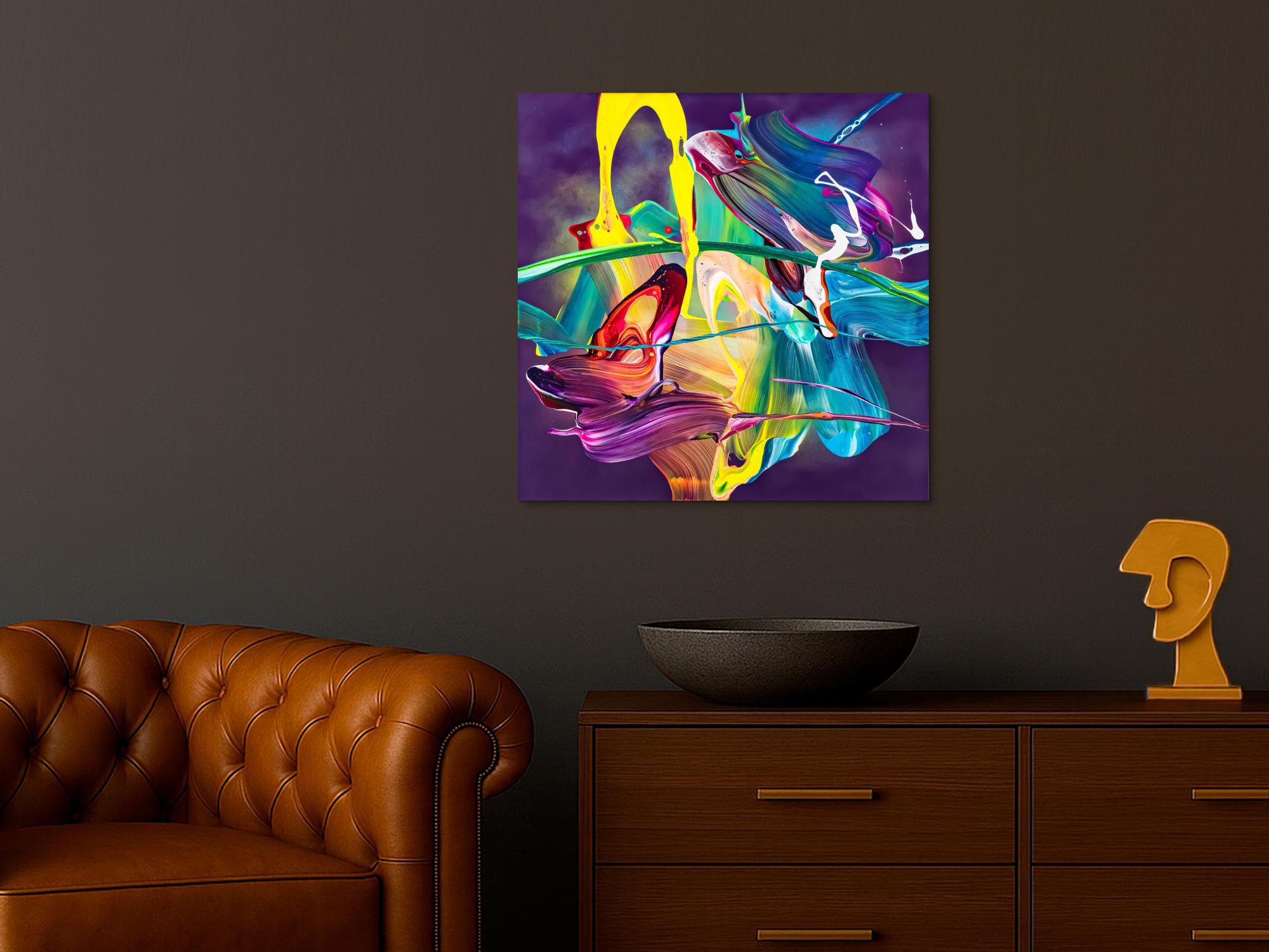 Original Gemälde abstrakt 70x70cm Action Painting zeitgenössisch handgemalt Mischtechnik violett blau gelb hochwertig