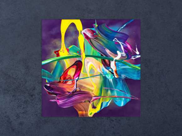 Original Gemälde abstrakt 70x70cm Action Painting zeitgenössisch handgemalt Mischtechnik violett blau gelb hochwertig
