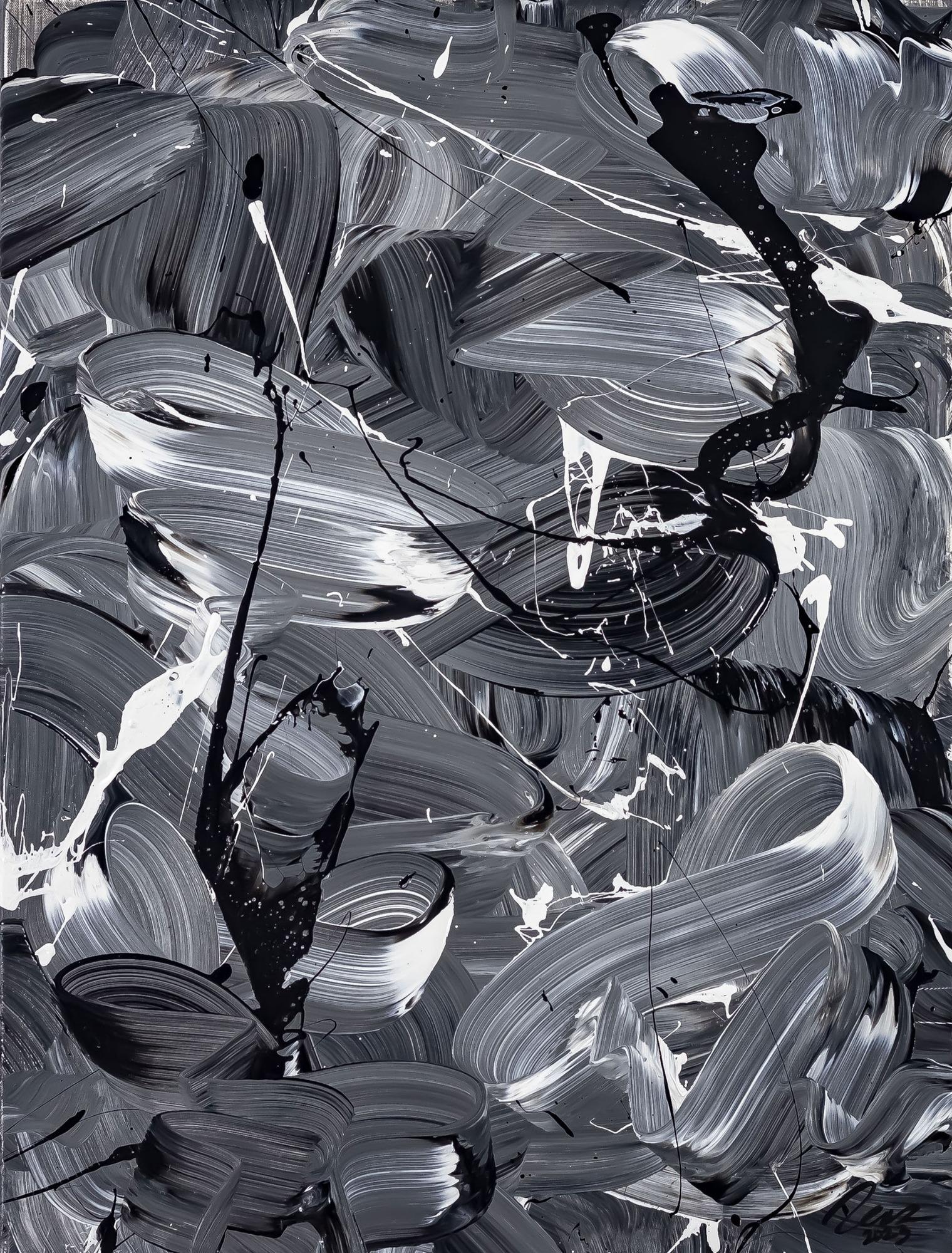 Original Gemälde abstrakt 80x60cm Action Painting expressionistisch auf Leinwand Mischtechnik schwarz weiss schwarz anthrazit einzigartig