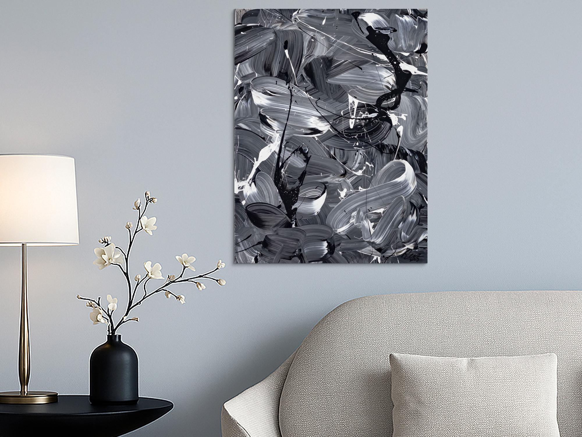 Original Gemälde abstrakt 80x60cm Action Painting expressionistisch auf Leinwand Mischtechnik schwarz weiss schwarz anthrazit einzigartig