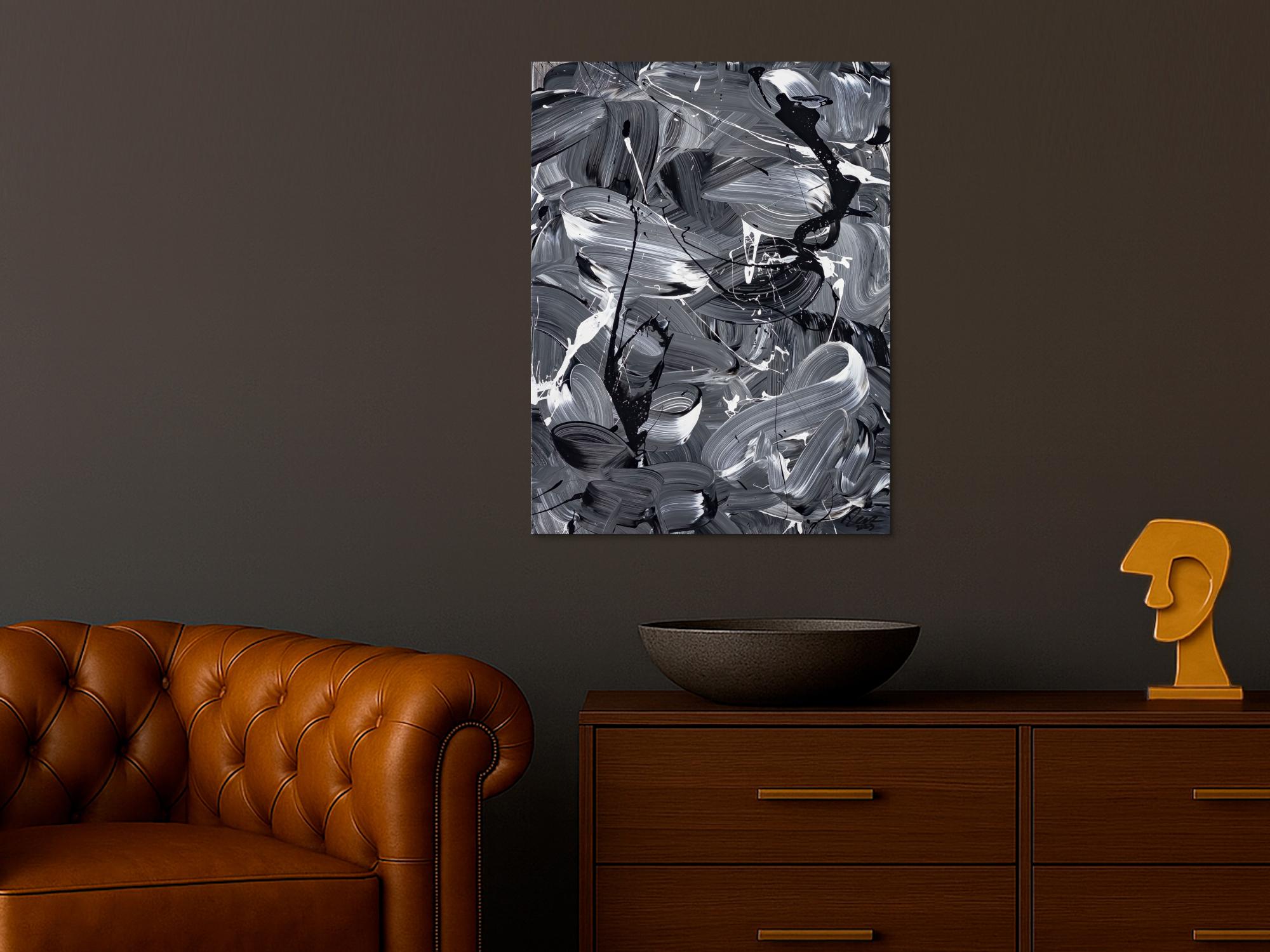 Original Gemälde abstrakt 80x60cm Action Painting expressionistisch auf Leinwand Mischtechnik schwarz weiss schwarz anthrazit einzigartig