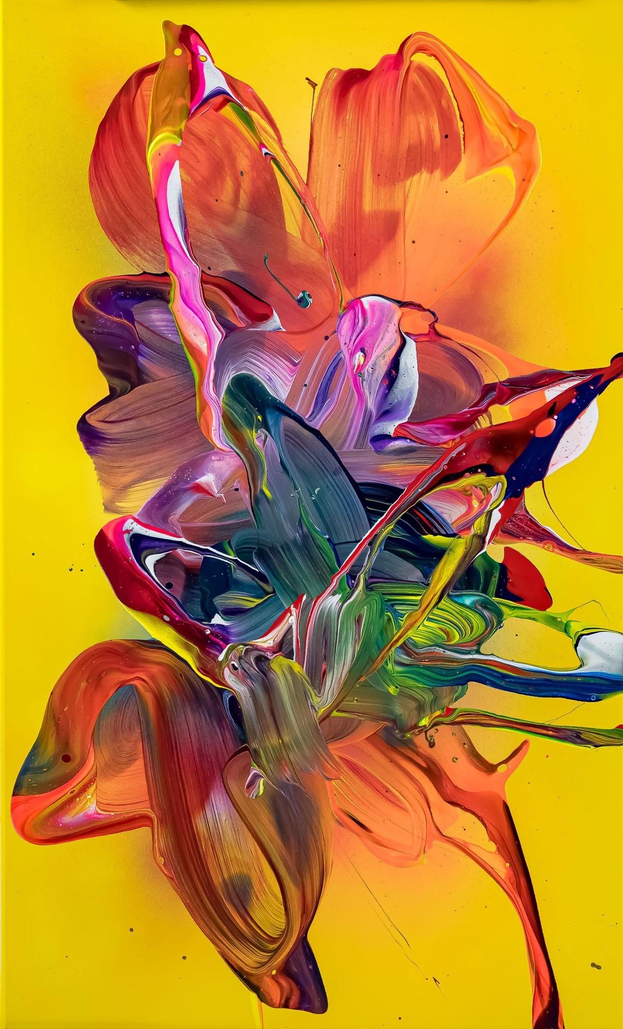 Original Gemälde abstrakt 100x60cm Action Painting zeitgenössisch handgemalt Fluid Painting bunt gelb rot hochwertig